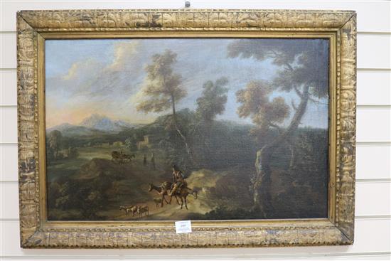 18th century Spanish School, oil on canvas, traveller with donkeys 47 x 73cm